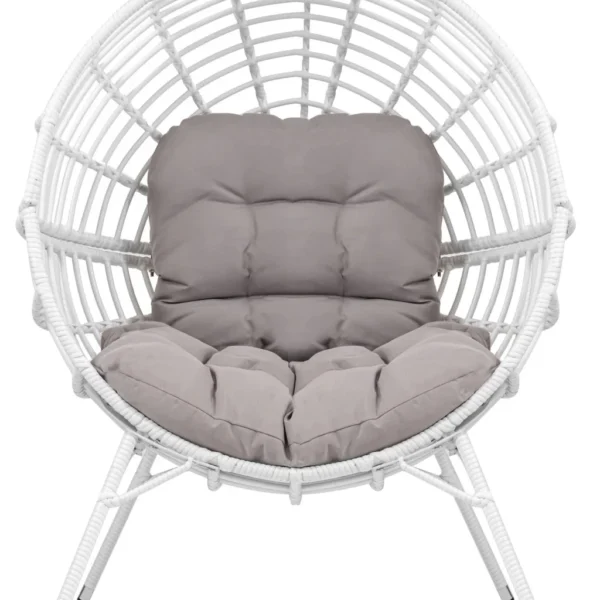 White single seater swing basket with cushion, perfect for balcony and garden relaxation.