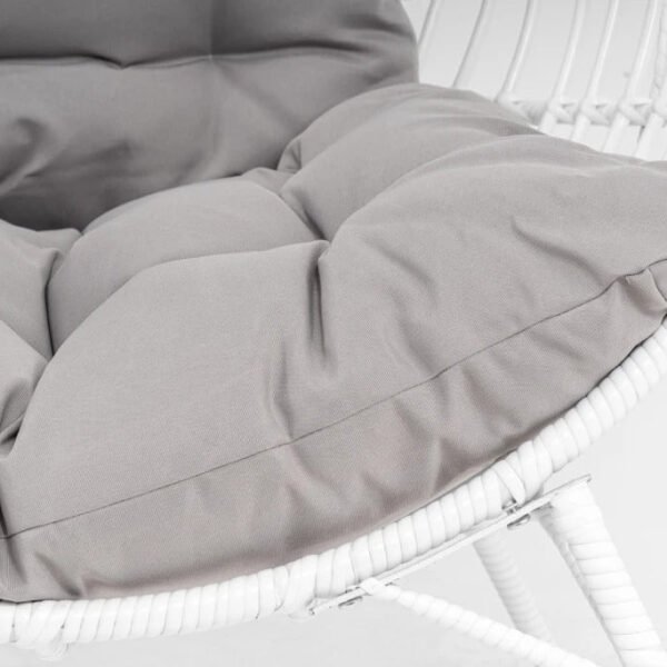White single seater swing basket with cushion, perfect for balcony and garden relaxation.