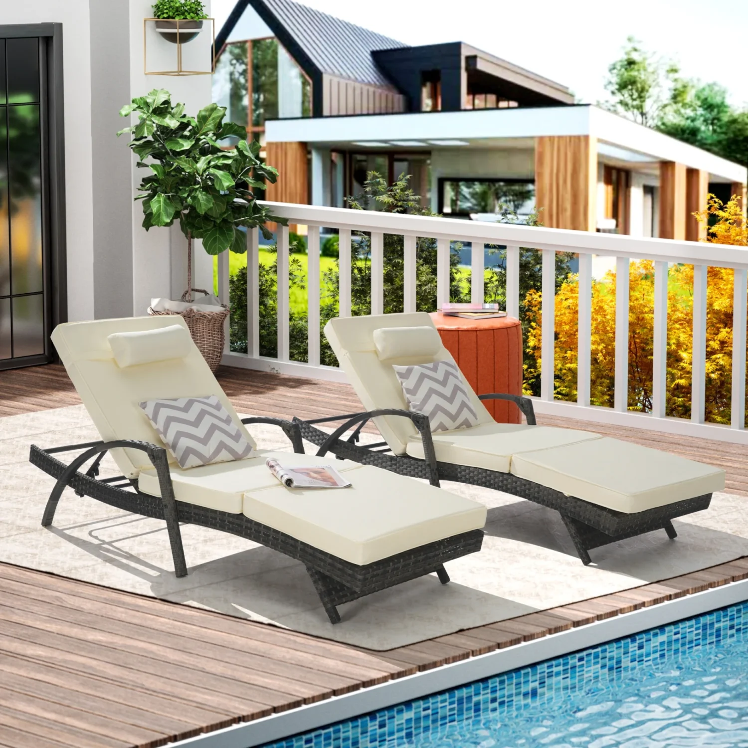Dark brown rattan sun lounger set with cream cushions and adjustable backrests for patio, lawn, or beach.