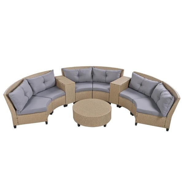 Modern 9-piece semicircle patio sofa set with half-moon wicker sectional and cushions, perfect for outdoor garden, balcony, or patio lounging.