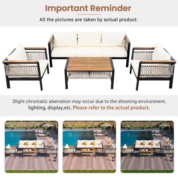 Outdoor 4-piece rope sofa set with beige cushions and grey frame, including three-seater sofa, two armchairs, and glass-top coffee table, ideal for garden, deck, poolside, or terrace.