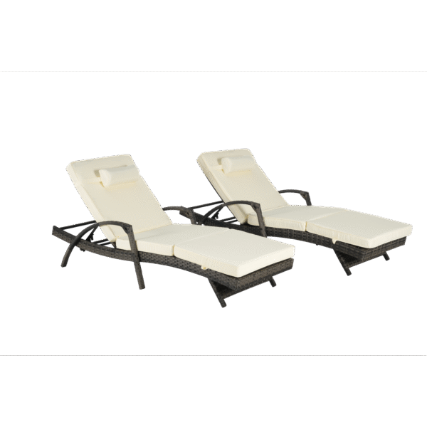Dark brown rattan sun lounger set with cream cushions and adjustable backrests for patio, lawn, or beach.