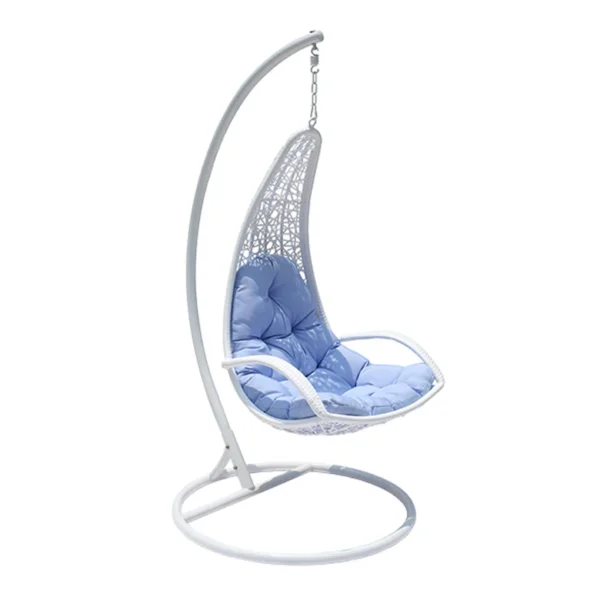 White single-seater hanging swing with a sturdy stand, placed in a garden setting.