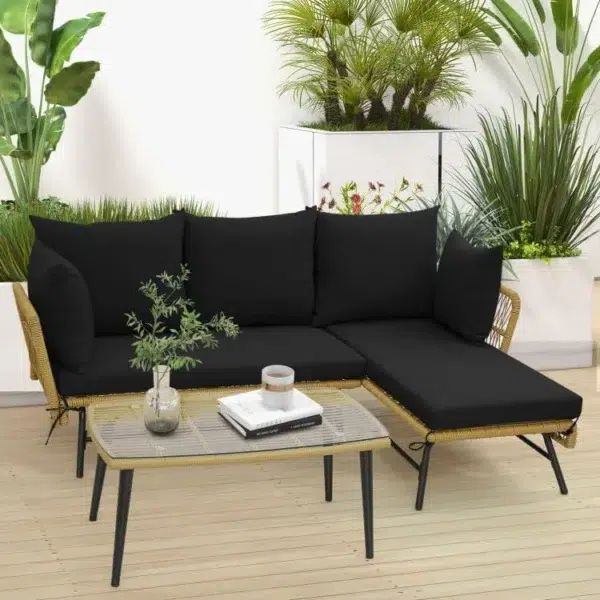 L-shaped patio furniture set with beige and black rope woven design, featuring cushioned seating for outdoor relaxation.