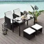 5-piece outdoor rattan wicker furniture set in black and white with chairs, sofa, and table