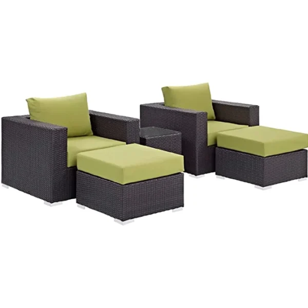 5-piece patio conversation set featuring a dark brown frame and green cushions, including two chairs, a loveseat, and a coffee table, perfect for outdoor seating.