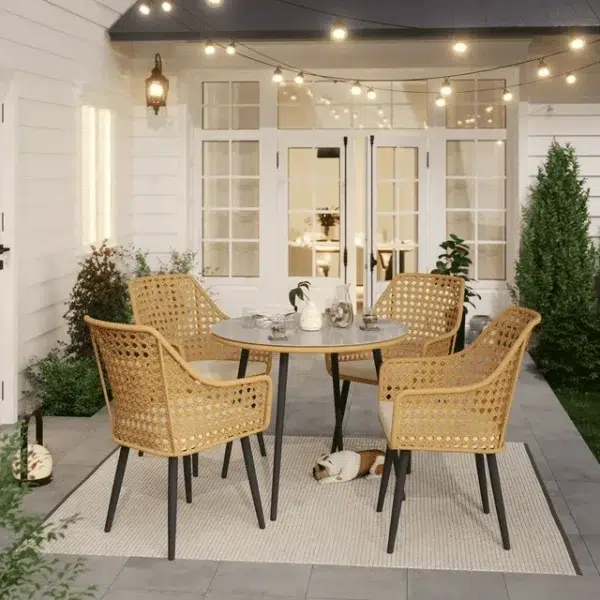 5-piece beige and cream wicker dining set with chairs and table, ideal for indoor and outdoor use, space-saving design, table without glass top