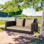 Double seater hanging swing in dark brown color, suitable for balcony and garden, without stand