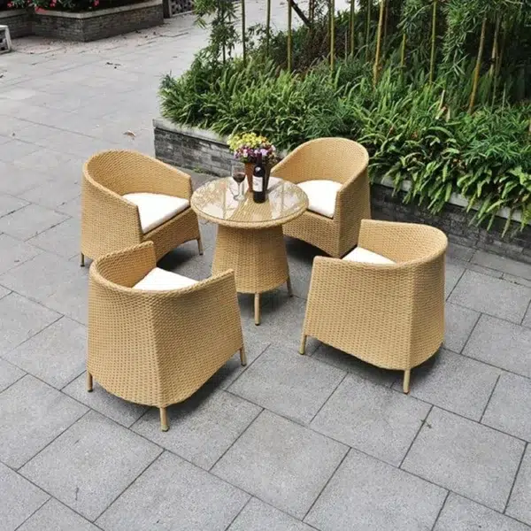 5-piece beige and white rattan patio conversation set with sofa, chairs, and table