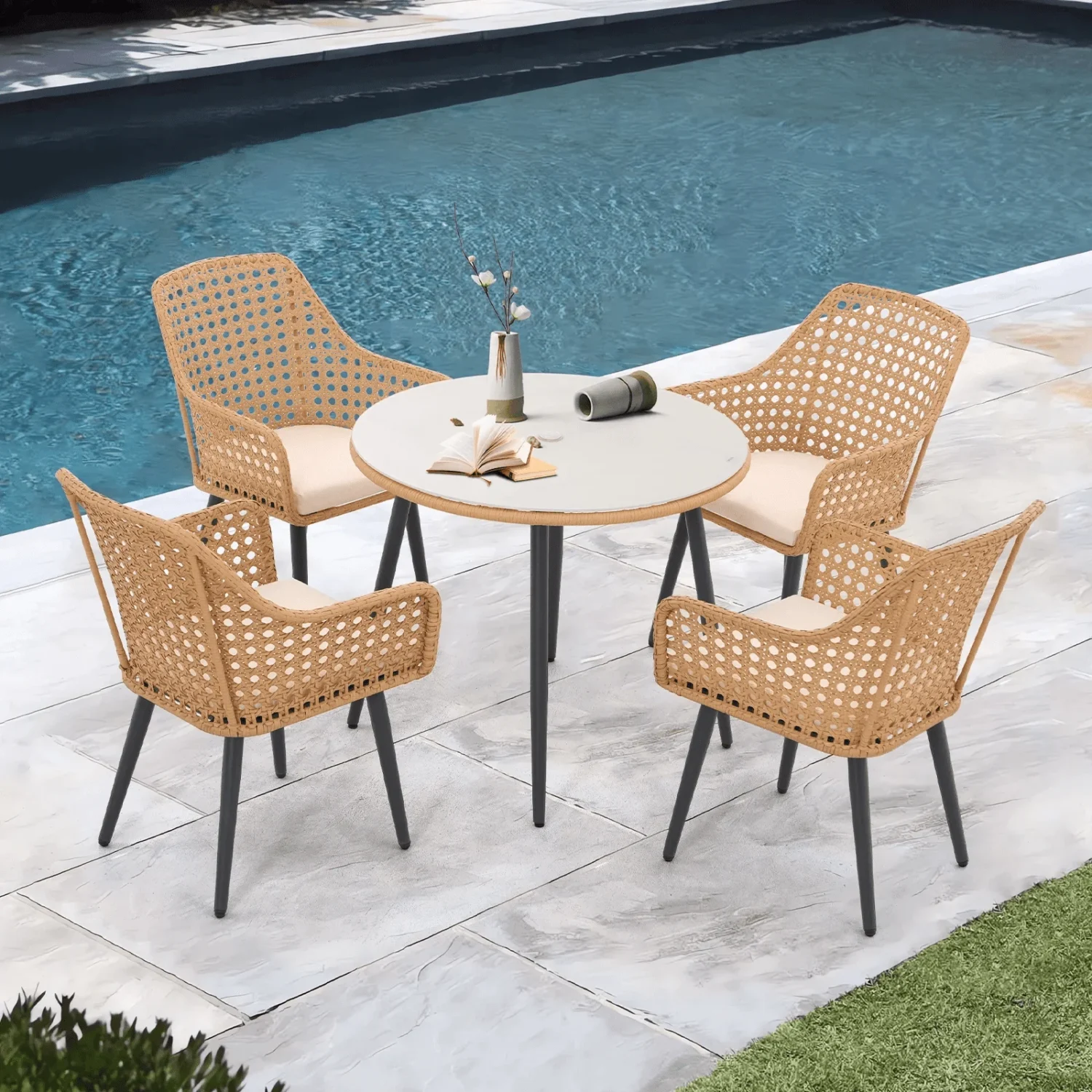 5-piece beige and cream wicker dining set with chairs and table, ideal for indoor and outdoor use, space-saving design, table without glass top
