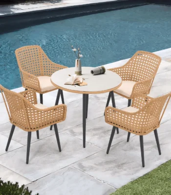 5-piece beige and cream wicker dining set with chairs and table, ideal for indoor and outdoor use, space-saving design, table without glass top