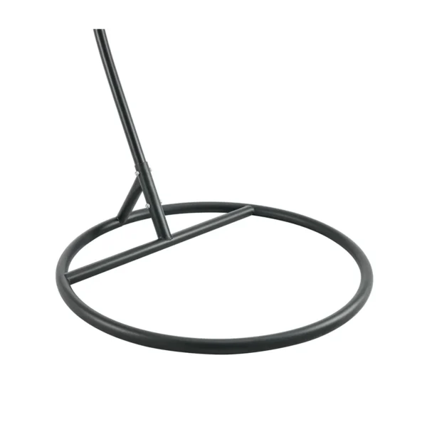 Single-seater hanging swing with a black braided rope and metal stand, placed in a garden setting.