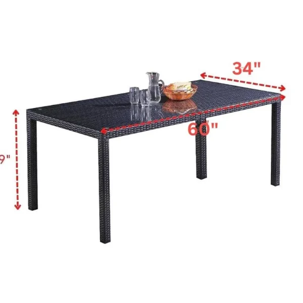 Black 7-piece wicker patio dining set with six chairs and a rectangular table on a patio.
