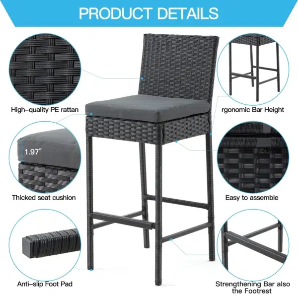 Enjoy stylish outdoor dining with this sleek 3-piece rattan bar table and chair set, complete with comfortable removable cushions.