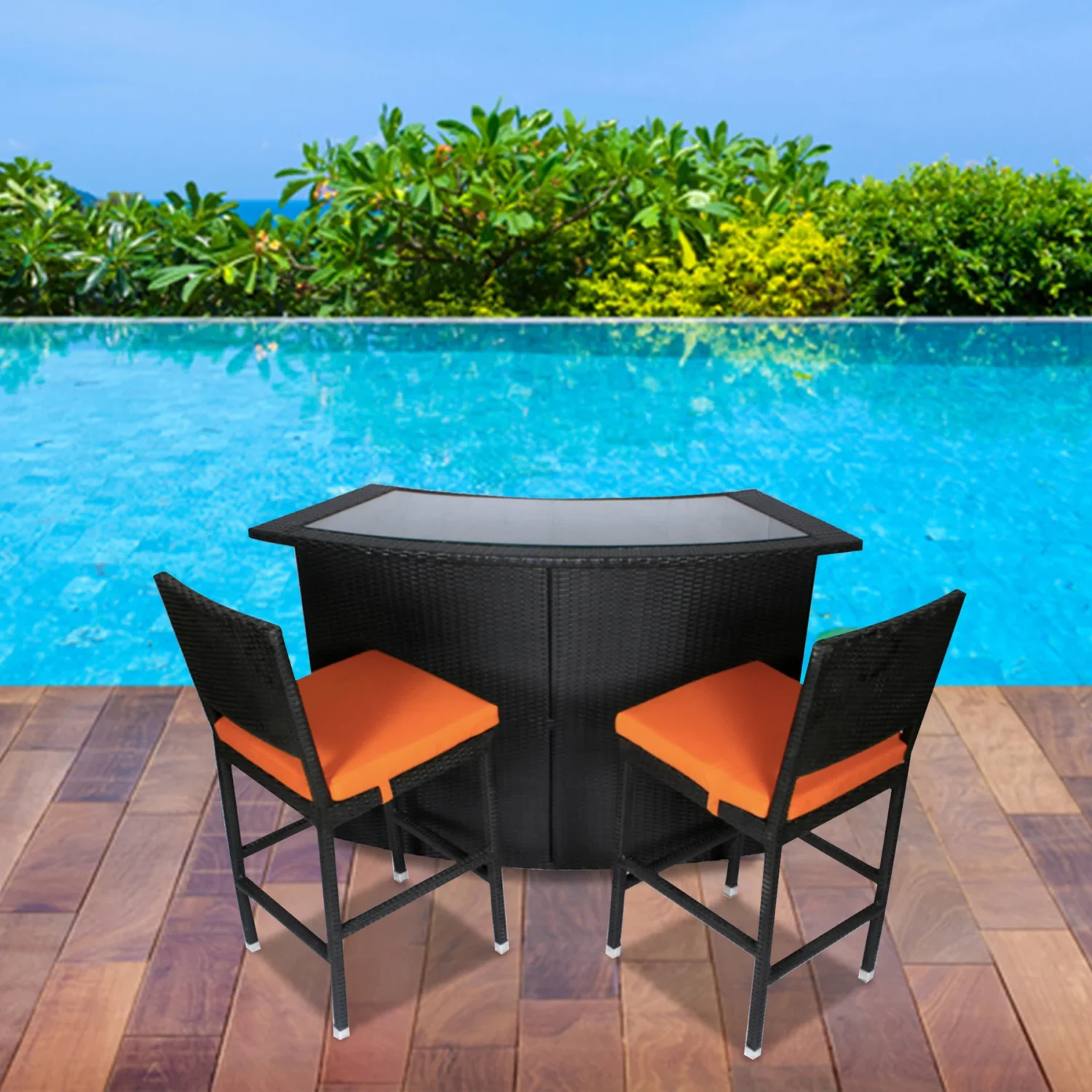 Outdoor patio bar set with 2 black chairs and 1 matching black table.