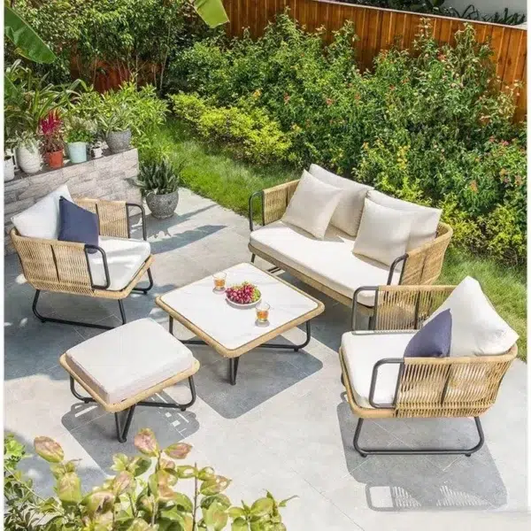"Outdoor rope sofa set with cushions and table for patio, garden, balcony, or backyard seating"