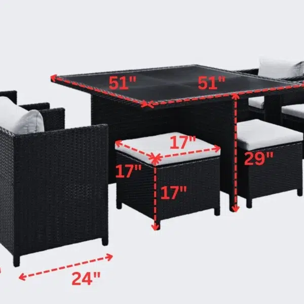 7 piece dark brown wicker outdoor dining set with white cushions, ottoman, and table without glass top.”
