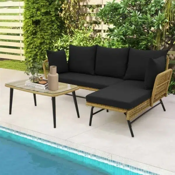 L-shaped patio furniture set with beige and black rope woven design, featuring cushioned seating for outdoor relaxation.