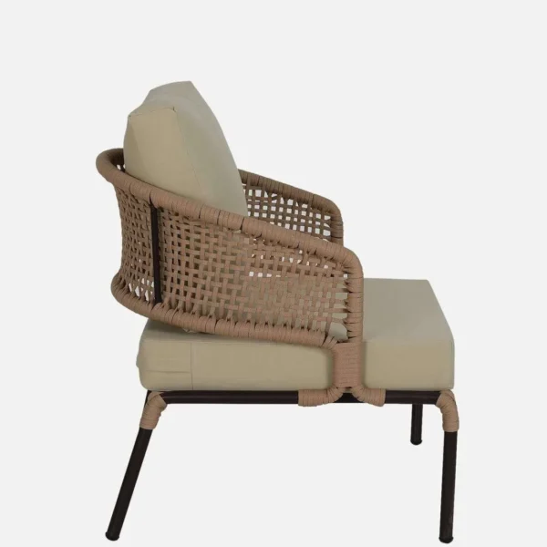 Beige and cream all-weather patio rope sofa set with glass top coffee table on outdoor deck