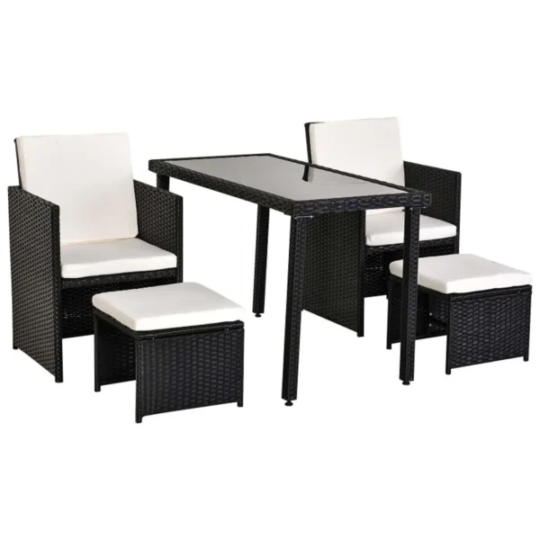 5-piece outdoor rattan wicker furniture set in black and white with chairs, sofa, and table