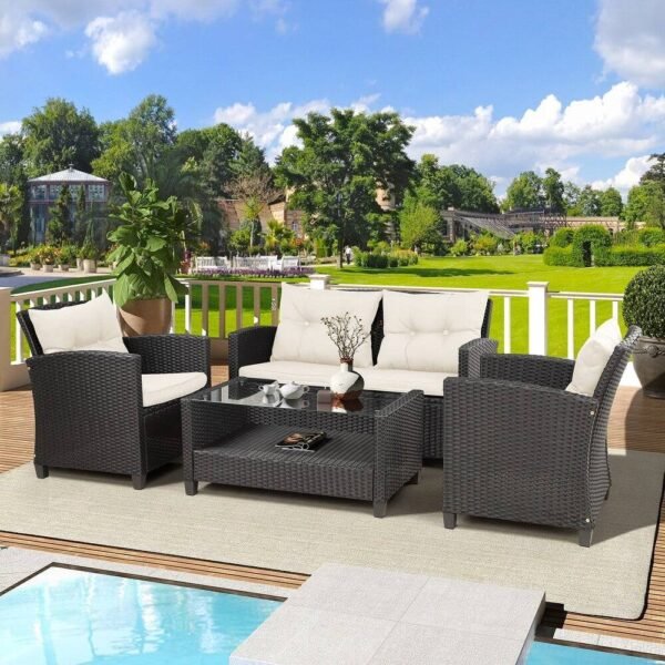 4 Seater Outdoor Sofa Set in durable rattan wicker with cushions for patio or garden seating"