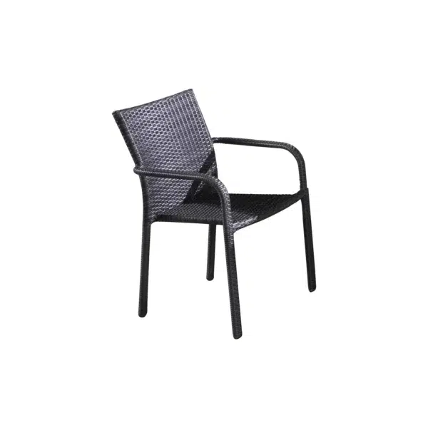 Black 7-piece wicker patio dining set with six chairs and a rectangular table on a patio.