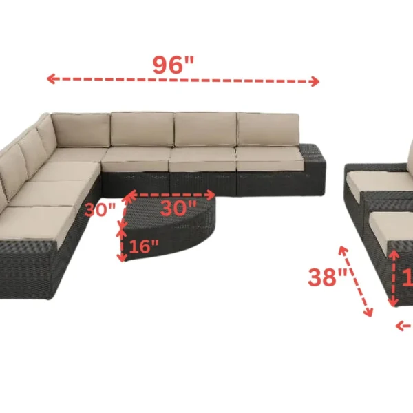 L-shape outdoor wicker patio sectional set with cream cushions and matching coffee table in dark brown