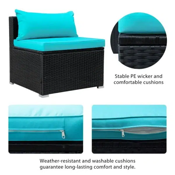 8 Seater black and sky blue rattan wicker outdoor sectional sofa set with cushions