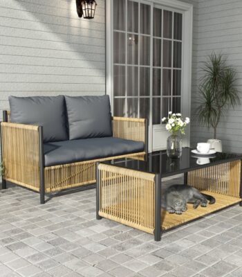 “Elegant 2 seater rattan wicker sofa set with cushions, durable outdoor furniture for patio, garden, and balcony seating”