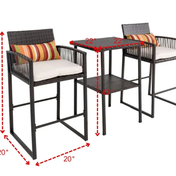 Patio 3-piece bar set with dark brown frame and cream cushions, including a high table and two tall stools, suitable for outdoor and indoor use.
