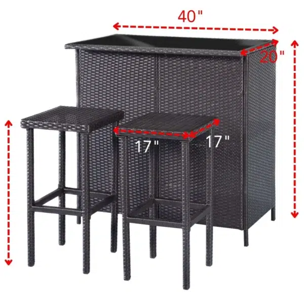 3 piece dark brown wicker patio outdoor bar set with table and two stools placed on a garden deck.