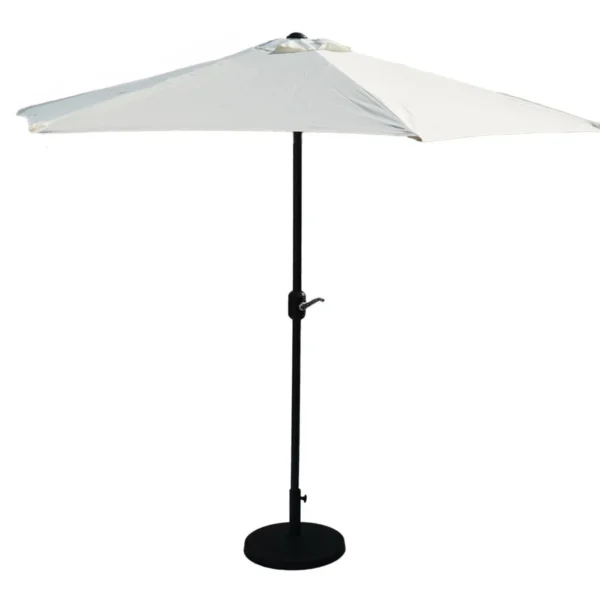9ft off-white outdoor patio umbrella with center pole stand in a garden setting