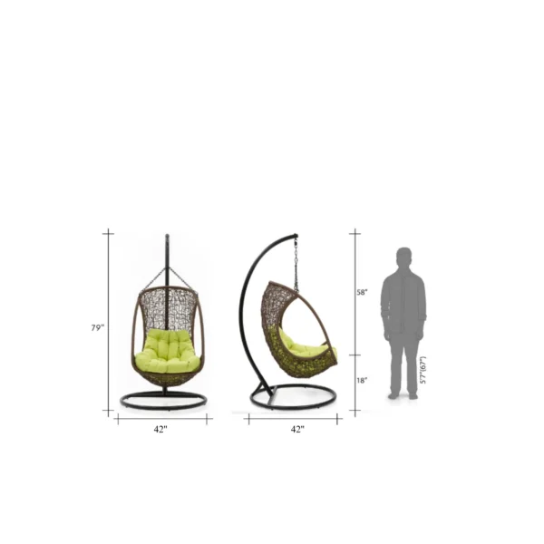 Single seater hanging swing with stand in dark brown, ideal for balcony or garden seating.