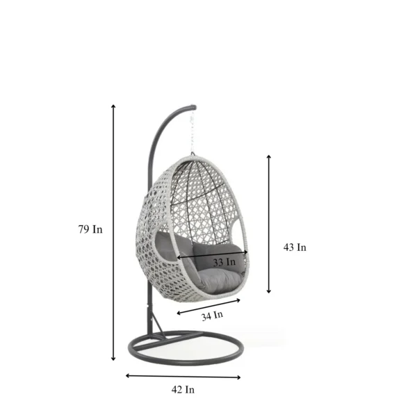 Single seater hanging swing with silver frame and grey cushioned seat placed in a garden.