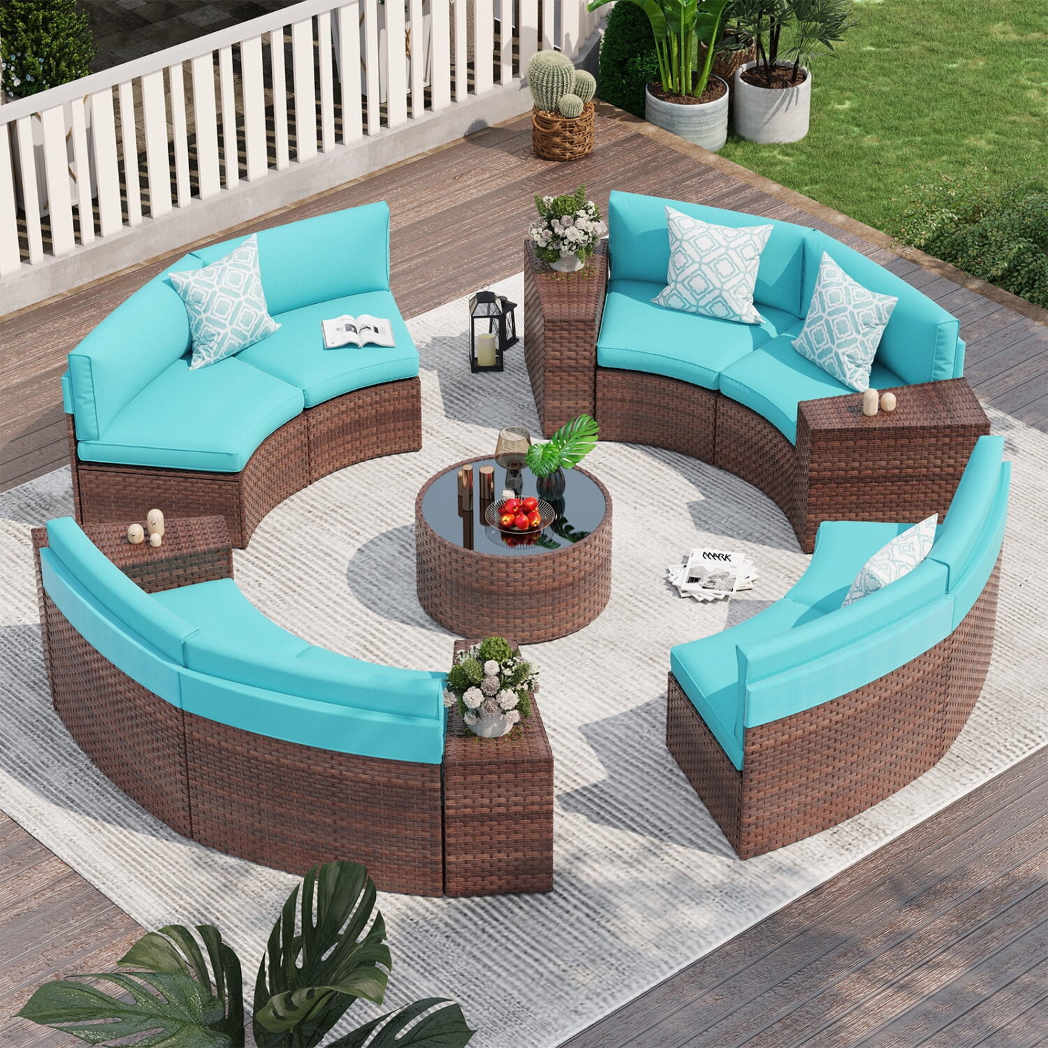 Full Moon Rattan Wicker Sofa Set in brown frame with blue cushions, outdoor patio furniture