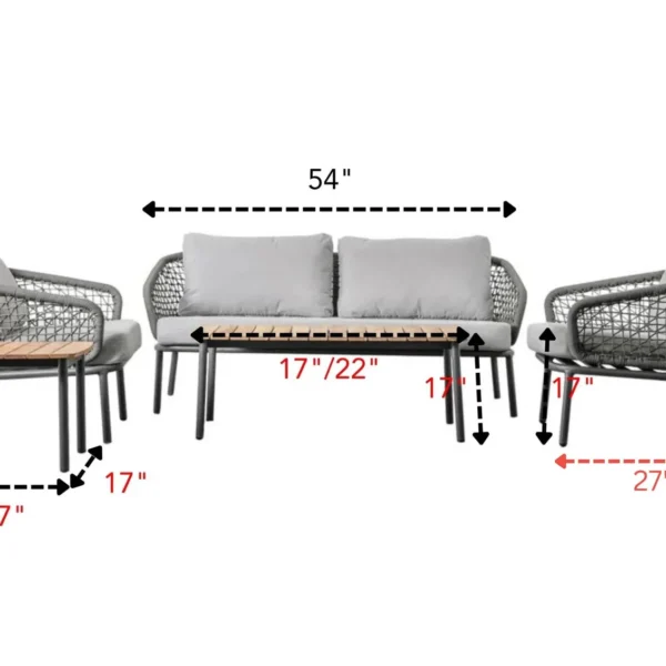 Grey 4-seater outdoor sofa set with cushions and matching table on a patio