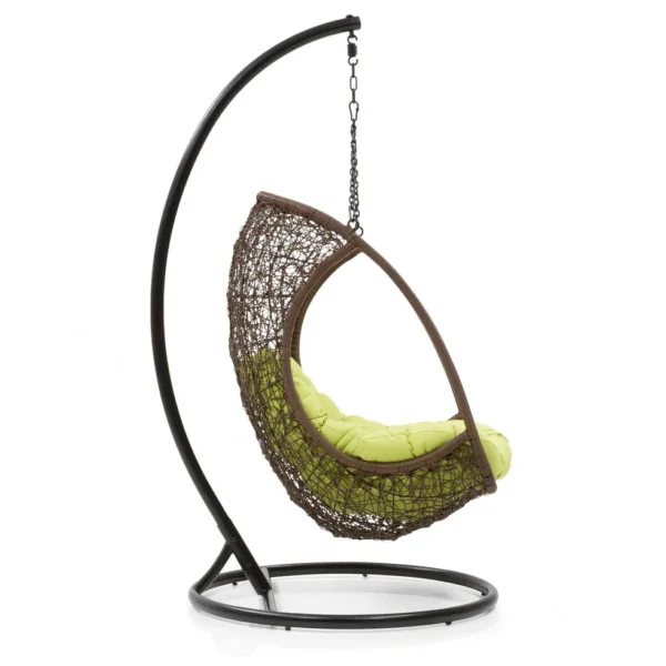 Single seater hanging swing with stand in dark brown, ideal for balcony or garden seating.