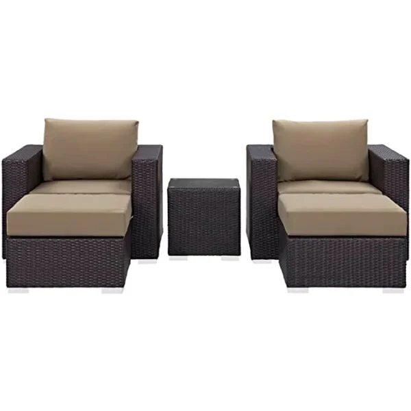 5-piece outdoor patio sofa set featuring dark brown wicker frame, beige cushions, a central coffee table, and matching ottomans