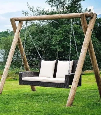 Double seater hanging swing in dark brown, designed for balcony or garden use, without stand.