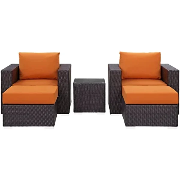 5-piece outdoor rattan sofa set in dark brown with vibrant orange cushions, including sofa, chairs, and coffee table