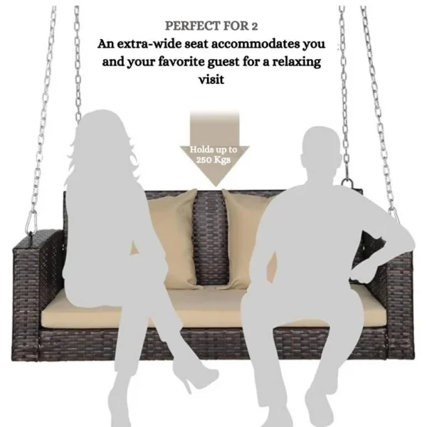Double seater hanging swing in dark brown color, suitable for balcony and garden, without stand