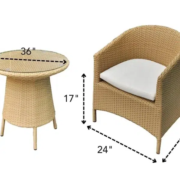 5-piece beige and white rattan patio conversation set with sofa, chairs, and table