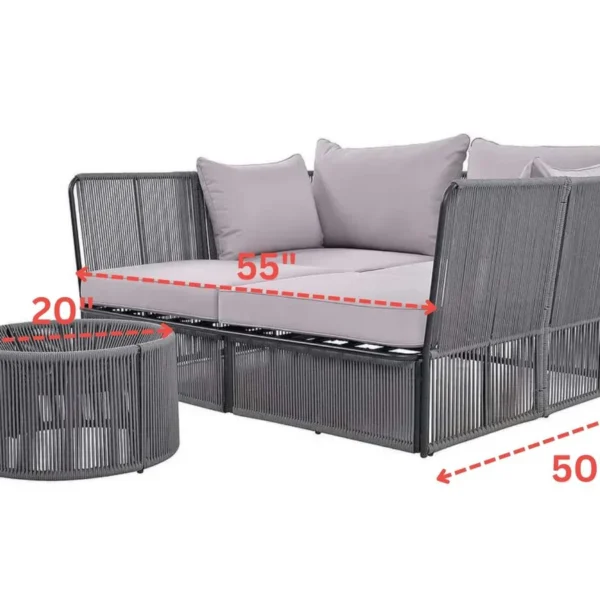 Outdoor grey chaise lounge set with daybed and clear tempered glass side table on a patio.