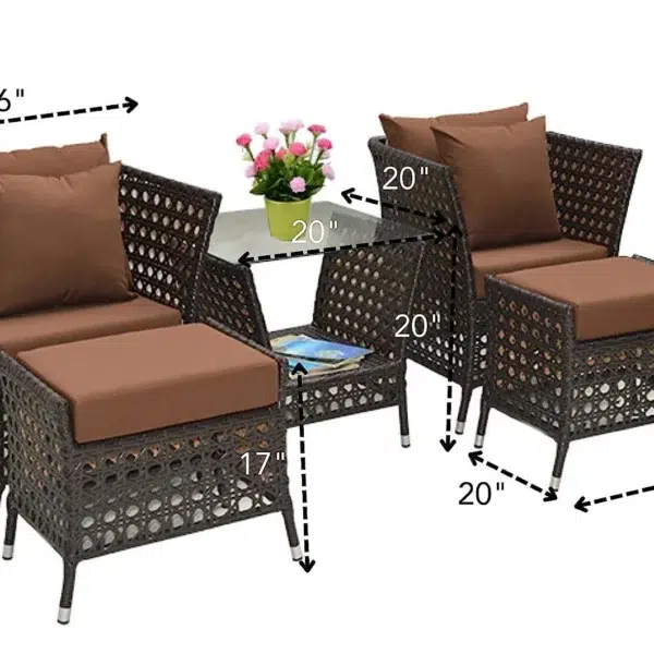 Dark brown outdoor rattan furniture set with cushions on a patio
