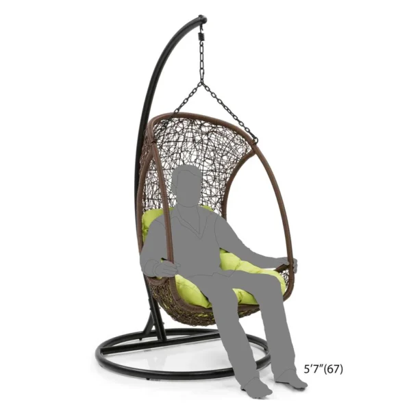 Single seater hanging swing with stand in dark brown, ideal for balcony or garden seating.