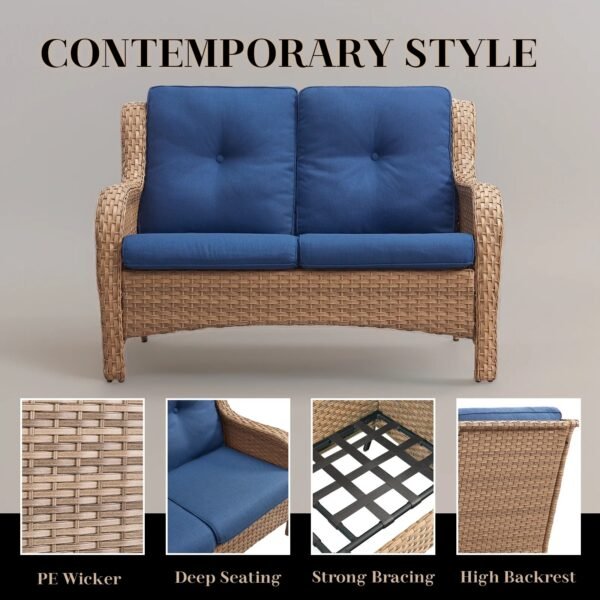 Double seater rattan wicker sofa with soft cushions for patio or garden seating