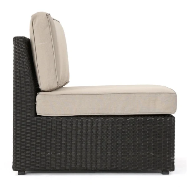 L-shape outdoor wicker patio sectional set with cream cushions and matching coffee table in dark brown