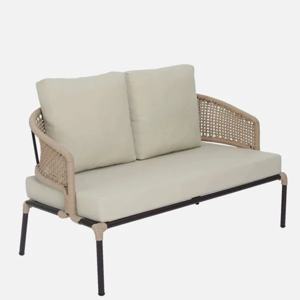 Beige and cream all-weather patio rope sofa set with glass top coffee table on outdoor deck