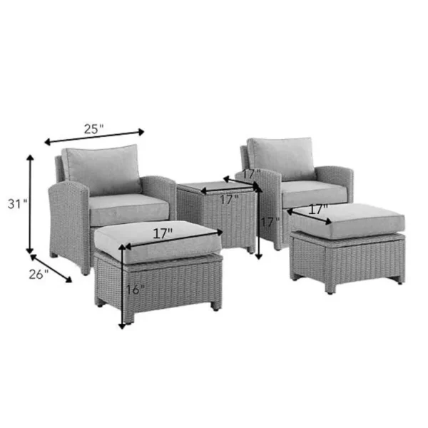 5-piece silver and grey patio furniture set with chairs, table, and cushions on a garden patio
