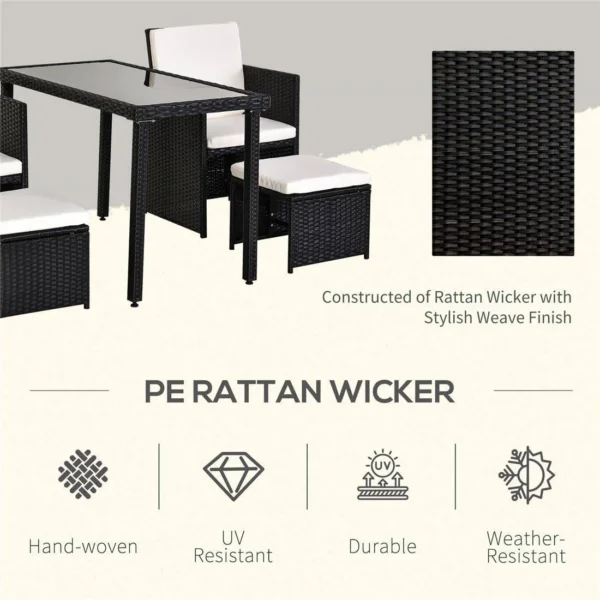 5-piece outdoor rattan wicker furniture set in black and white with chairs, sofa, and table